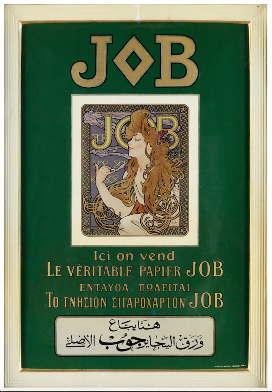 Alfons Mucha: reklama pro cigaretový papír Job smaltovaná cedule / 47 x 32,7 cm   cena: 5000 USD  Swan Galleries 26. 1. 2017