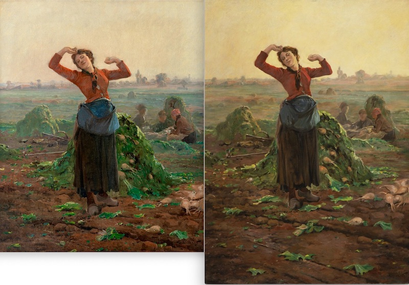 Václav Brožík: Dívka v řepném poli / Motiv z Roztok, 1899, olej na plátně, 81 x 65 cm / 89 x 65 cm, vyvolávací cena: 1 600 000 Kč (+ 20% provize), vlevo obraz nabízený Galerií Kodl, vpravo obraz ze sbírky Západočeské galerie v Plzni