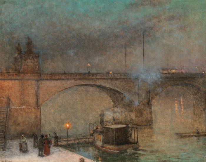 Jakub Schikaneder: Parník na Vltavě u Palackého mostu, 1910-20, olej na plátně, 84 x 106 cm, odhadní cena: 180 000 - 240 000 EUR (+ 20% provize) Dorotheum Vídeň 7. 6. 2021