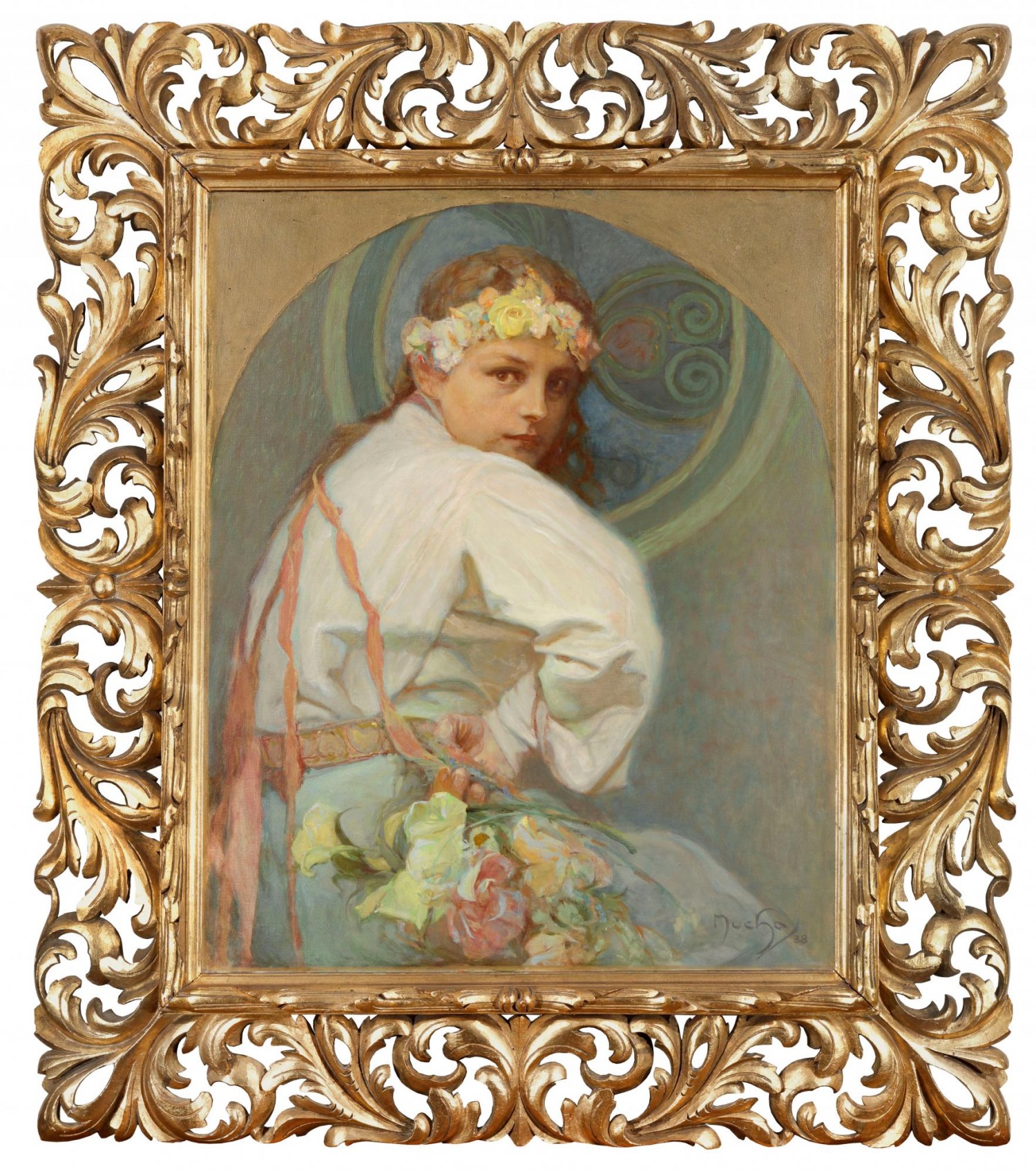 Alfons Mucha: Pohled do budoucnosti, 1938,  olej na plátně, 67,5 x 56 cm, vyvolávací cena: 13 310 000 Kč, Adolf Loos Apartment and Gallery 18. 4. 2021