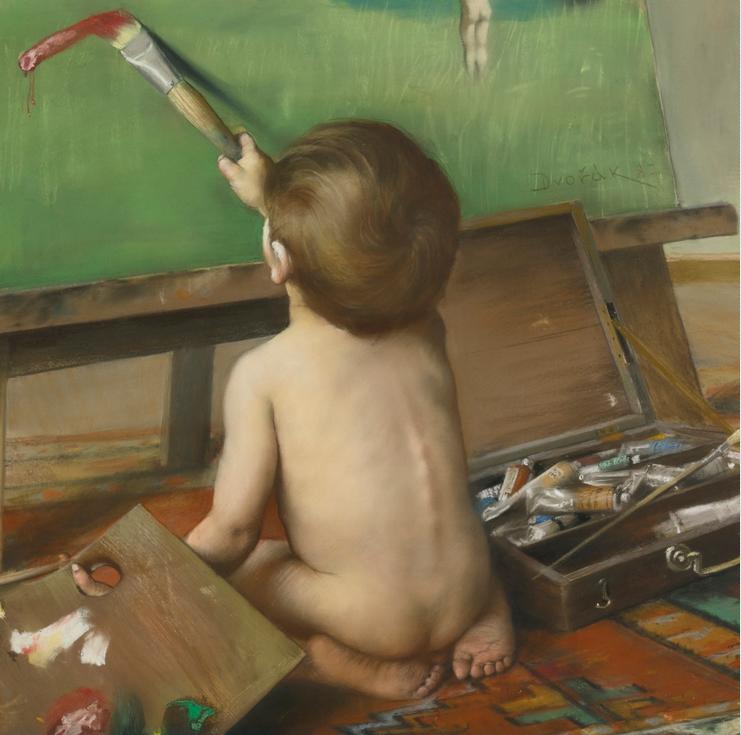 František Dvořák: The Young Artist Playing Tricks - detail / 1887 / pastel a kvaš na papíře fixovaný na desce / 100 x 73 cm