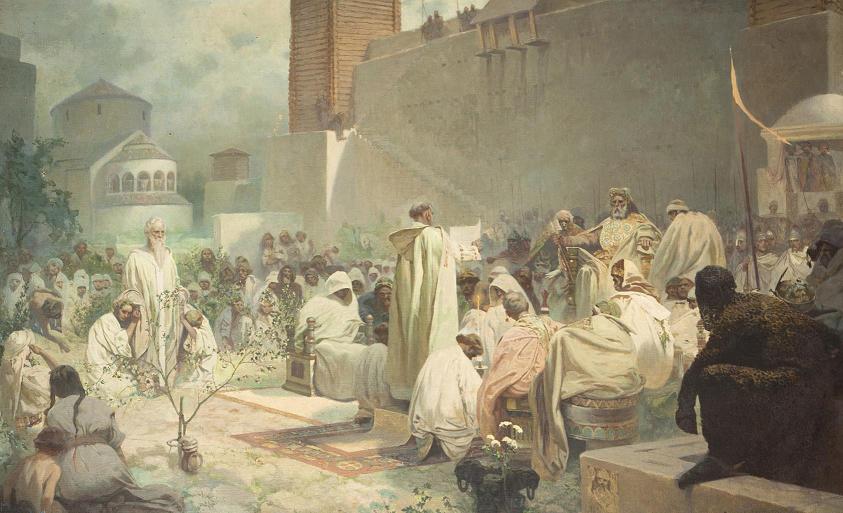 Alfons Mucha: Zavedení slovanské liturgie na Velké Moravě - studie k obrazu z cyklu Slovanská epopej / olej a vaječná tempera na plátně / 63 x 95 cm